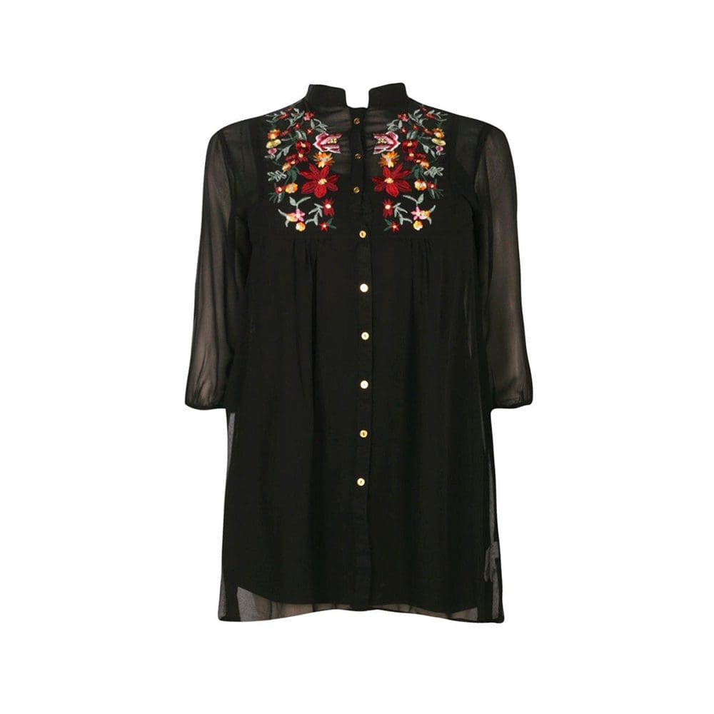 Women Plus Size Vintage Rose Embroidery High Low Shirt  