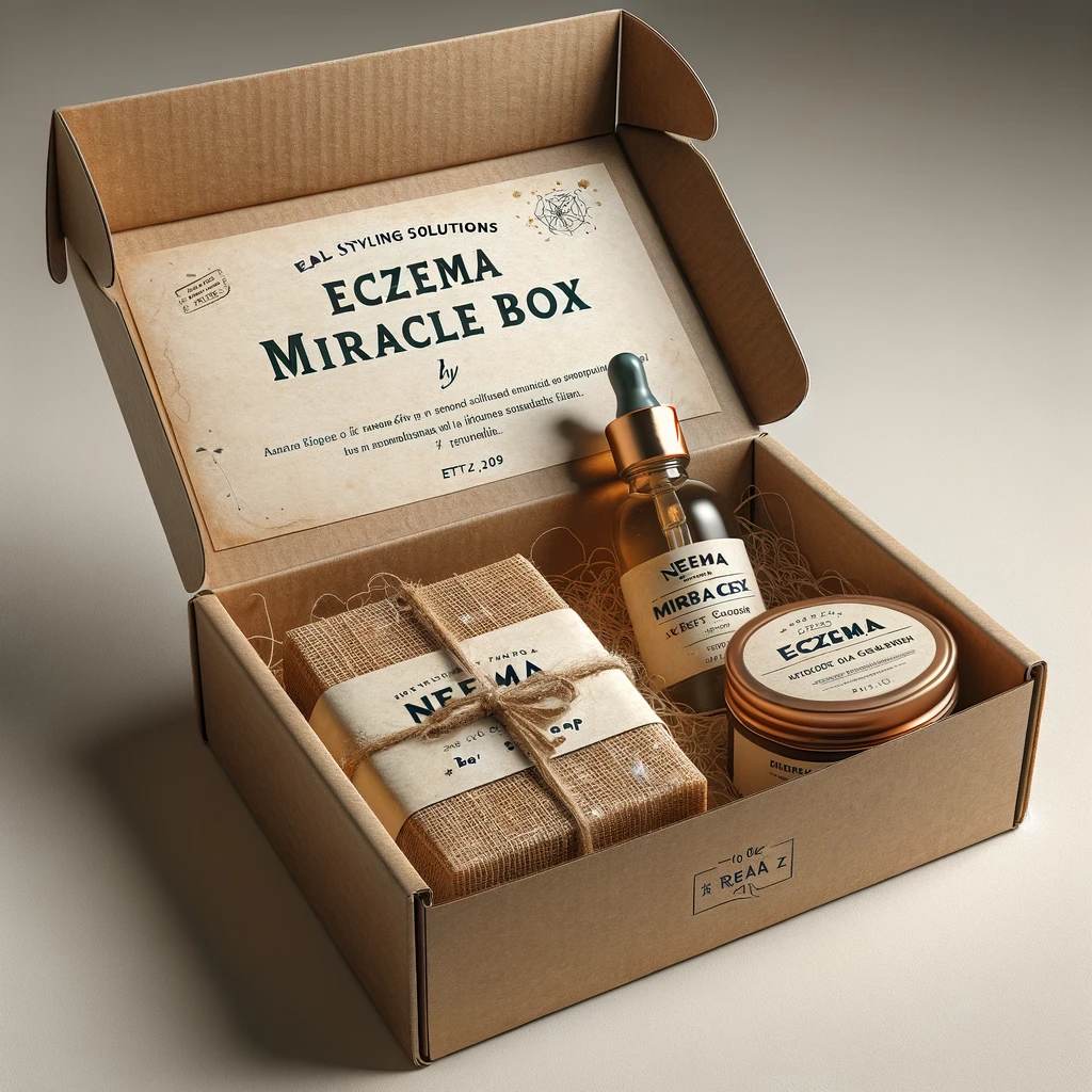 the "Eczema Miracle Box by Real Styling Solutions" is now complete with the additions you requested. Inside the box, you'll find the neem bar soap wrapped in parchment paper and tied with a brown woven thread, a 4oz jar of cream, and a serum bottle with a gold syringe top. These elements are arranged in a natural, minimalistic style, emphasizing the organic and handcrafted quality of the skincare line.